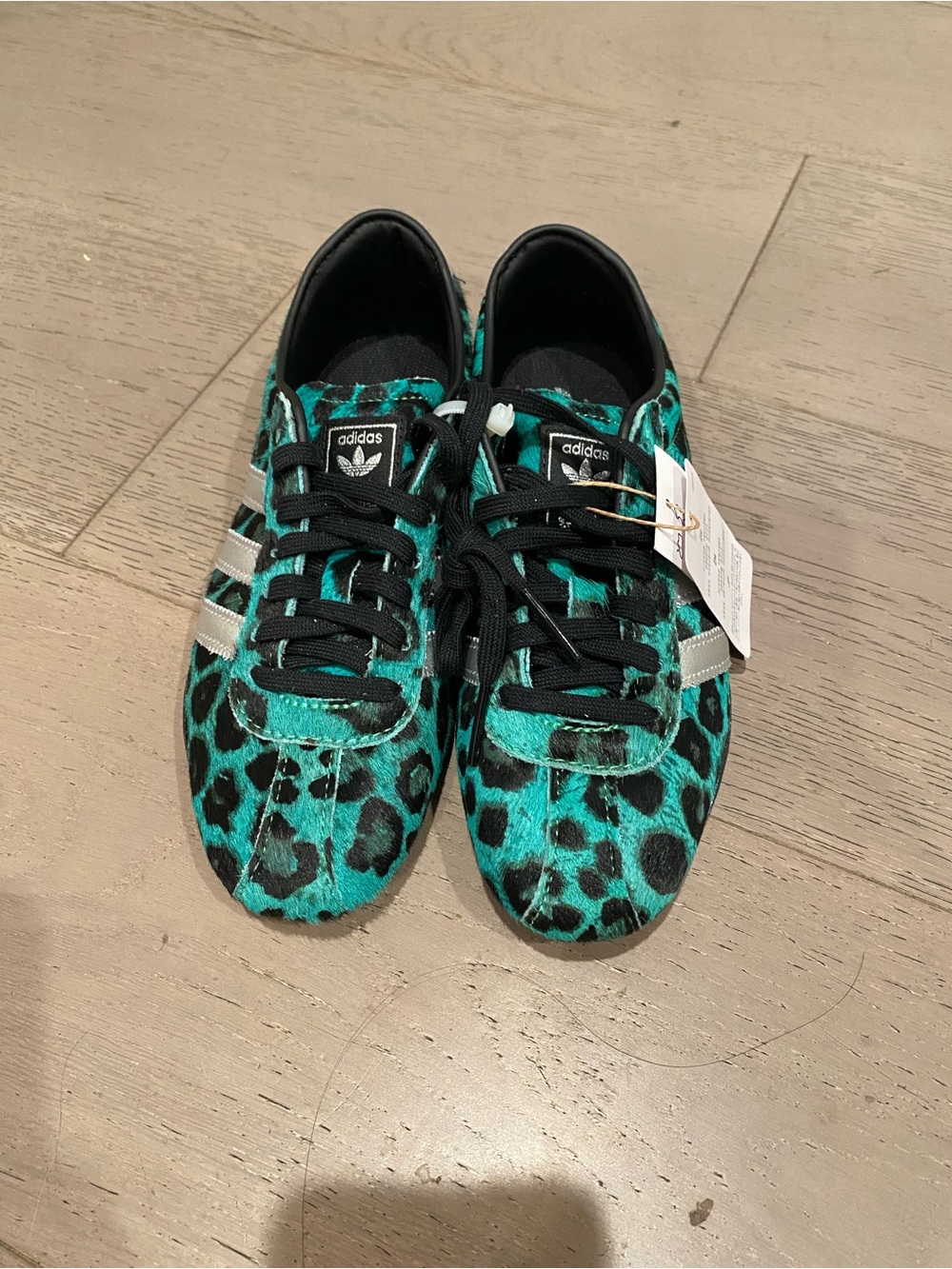 adidas Kids Teal Leopard Print Sneakers with Silver Stripes